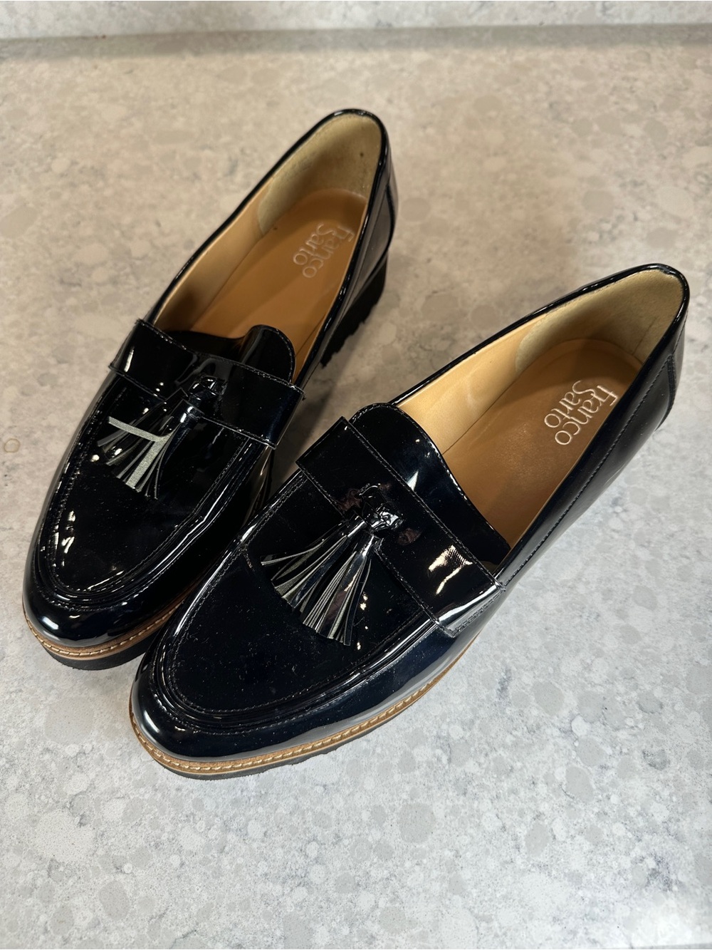Franco Sarto Black Patent Tassel Loafers